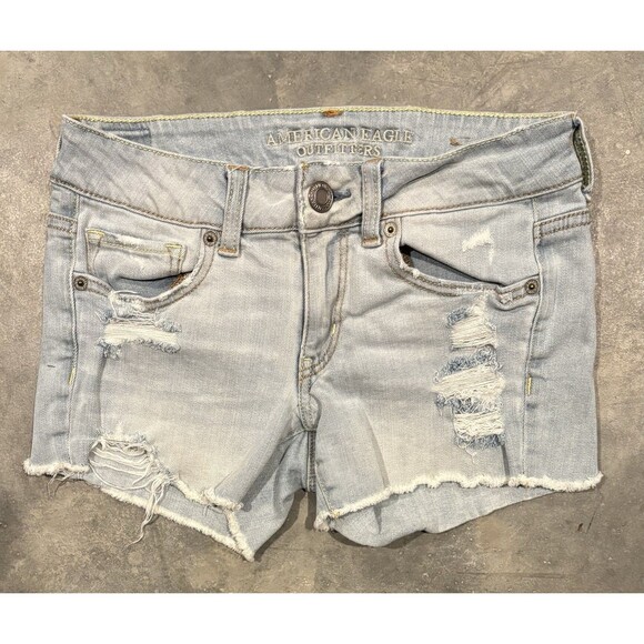 American Eagle Midi Jean Shorts Womens 2 Cut Offs Stretch Distressed Denim - Picture 1 of 7